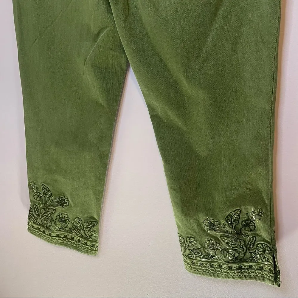 Chico's So Slimming Girlfriend Slim Leg Crop Chino Green Embroidered Size 12 - Picture 7 of 13